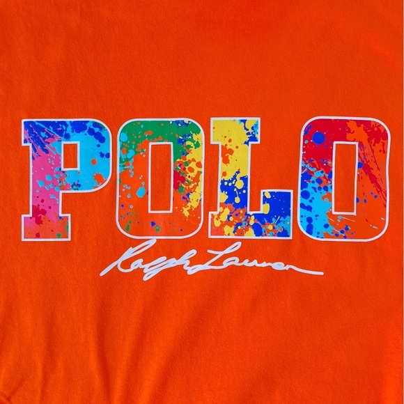 Polo Ralph Lauren Paint Splatter LOGO Spell Out Orange Classic Fit Tee (Size L) - Picture 3 of 10